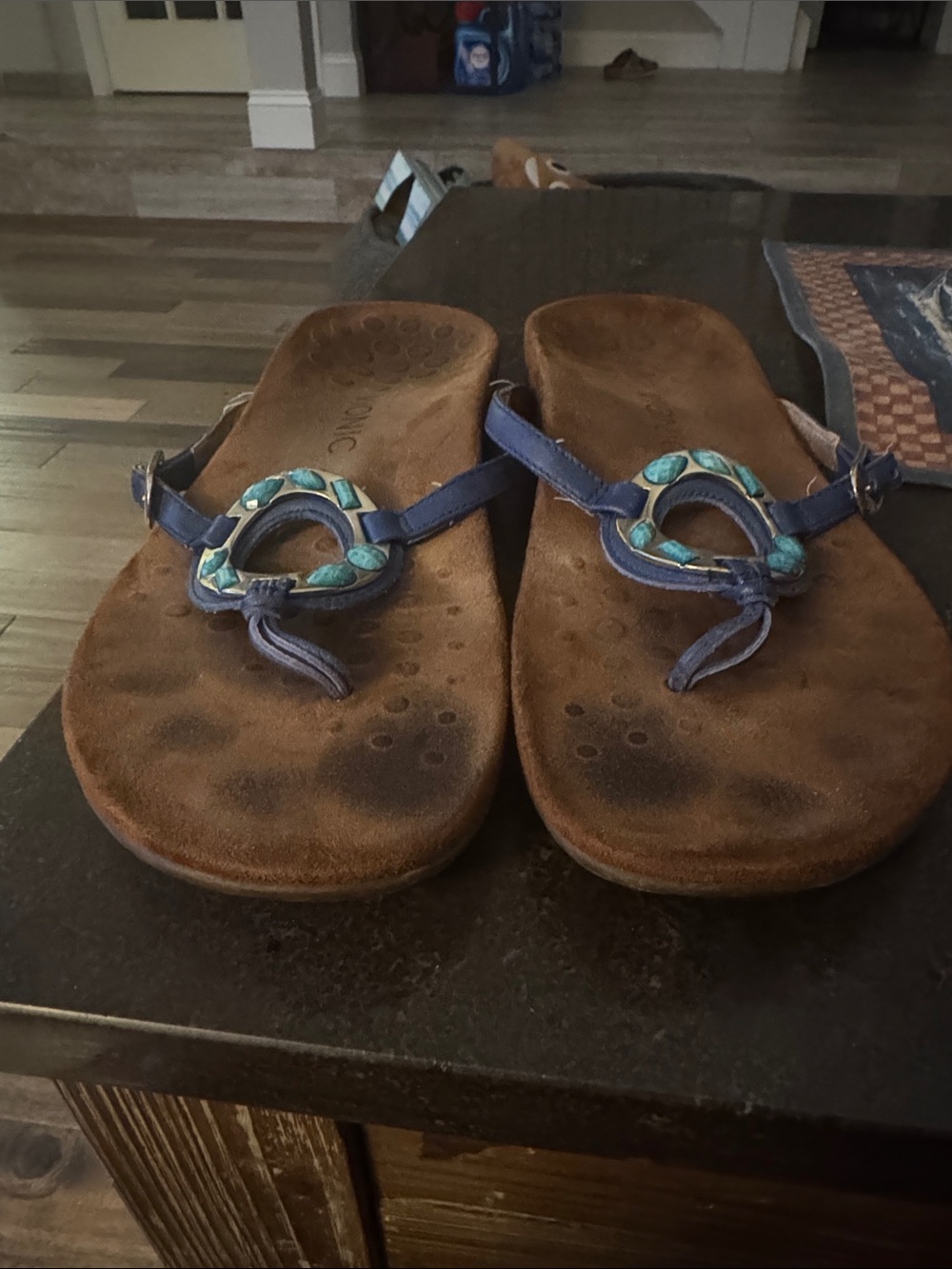 Vionic Blue Leather Toe-Ring Sandals with Turquoise Accent Ring